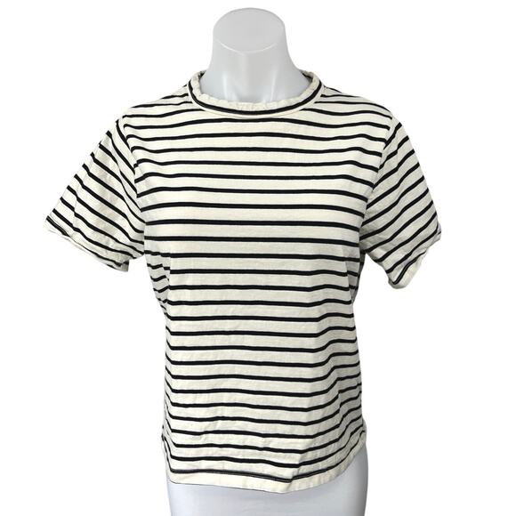 Mango MNG White Black Striped Round Neck Short Sleeve Pullover Tee Shirt Top L - Picture 1 of 3